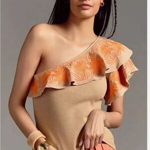 Anthropologie Dolan One Shoulder Embroidered Blouse Stretch Size M Boho